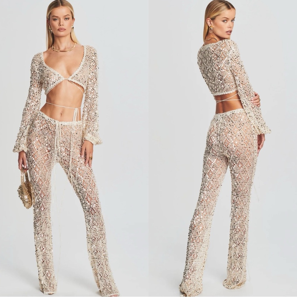 Retrofete Cream Sequin Crochet Pants